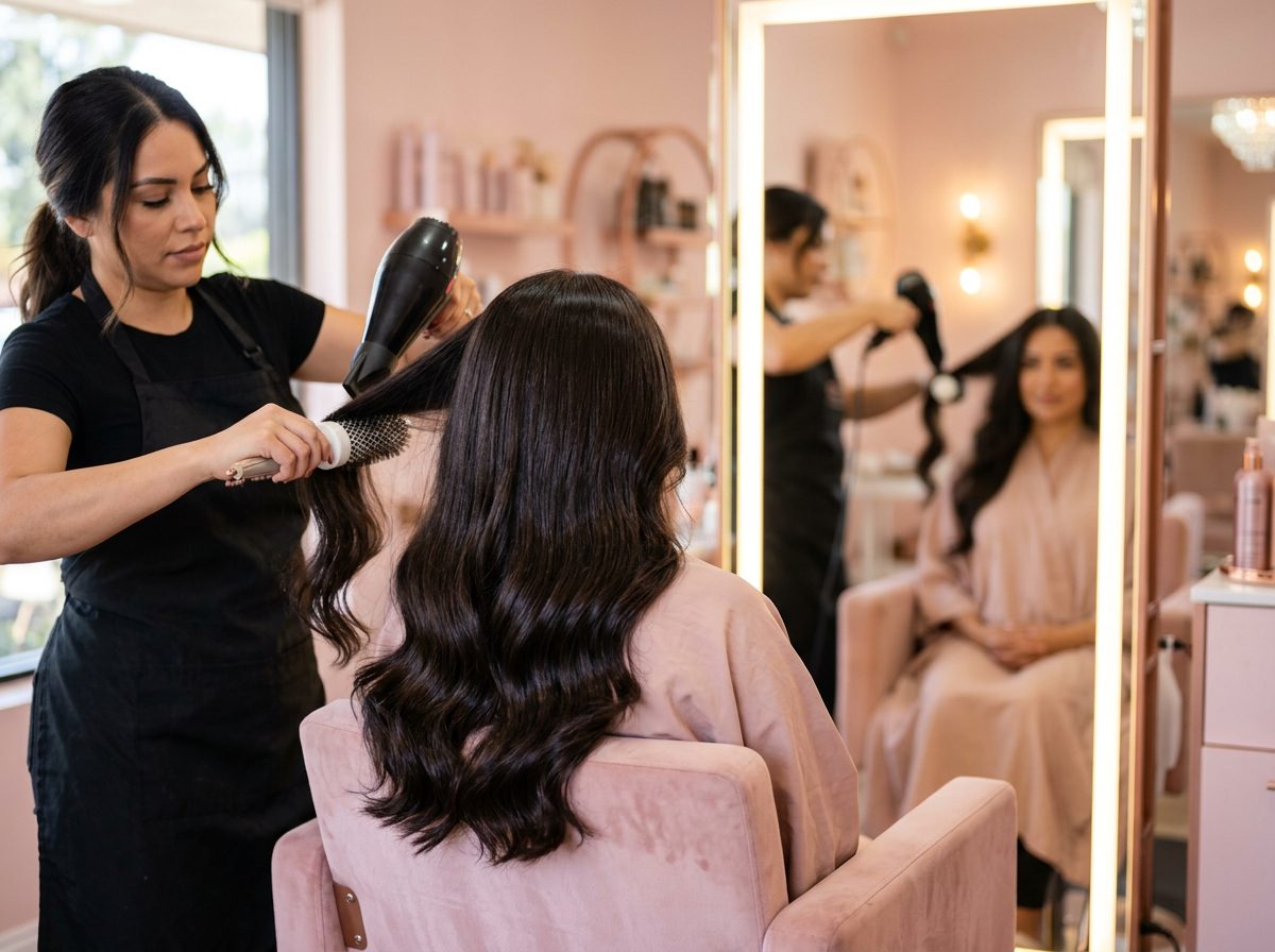 Stylist finishing a silky blowout at Rachell Beauty Salon